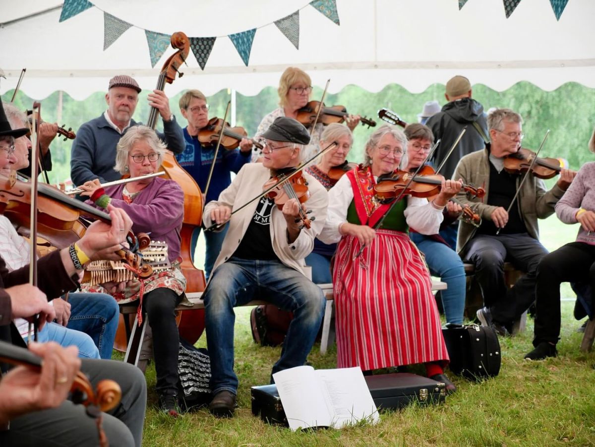 Medlemmar i ett spelmanslag spelar låtar för åhörare och de som vill spela med i musiken.