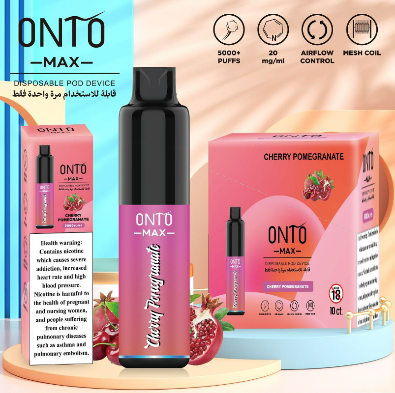 ONTO MAX CHERRY POMEGRANATE 5000 PUFFS DISPOSABLE VAPE 20MG/ML NICOTINE اونتو ماكس فيب بنكهة الكرز والرمان