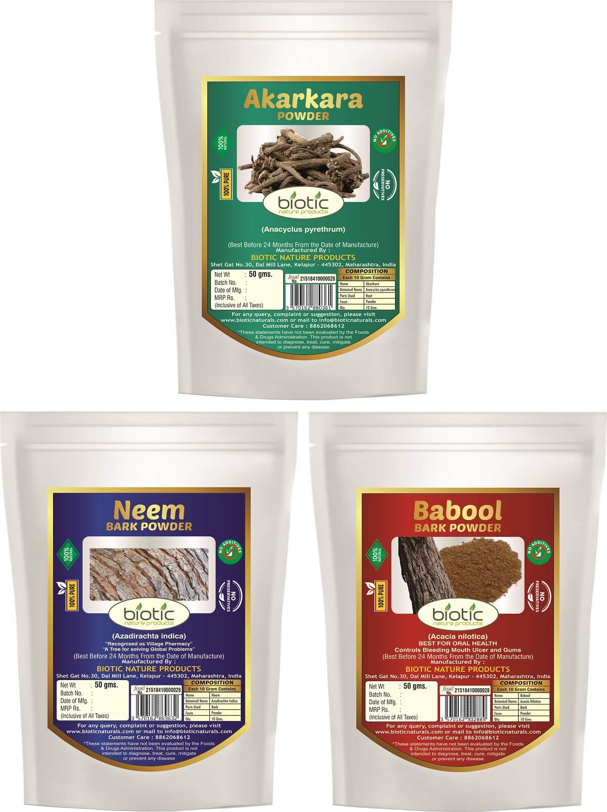 Babool Bark, Neem Bark and Akarkara Powder 150 gms (50 gms each
