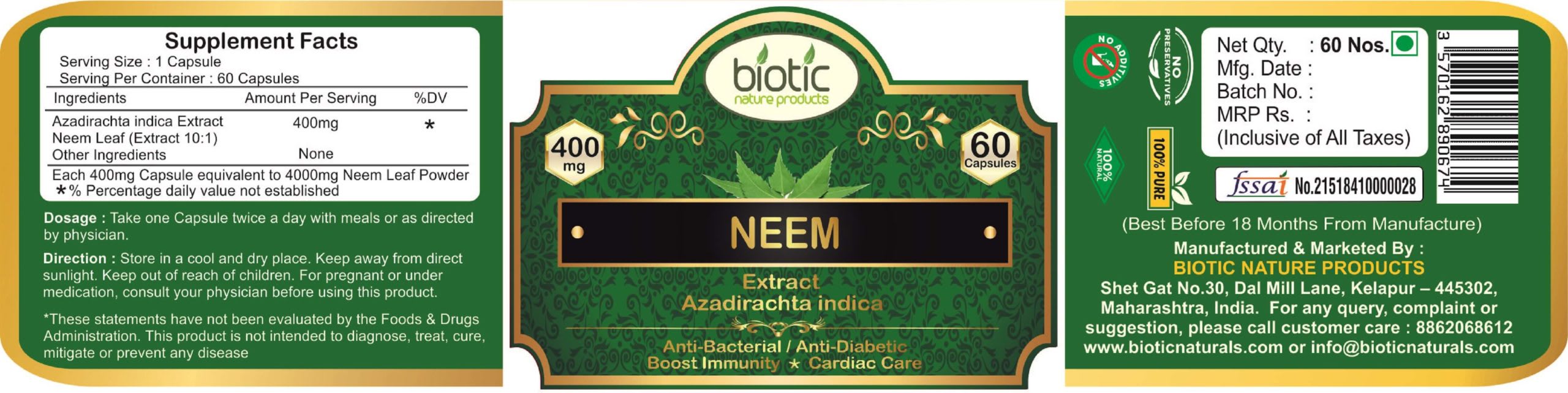 Biotic Neem Extract Capsules Boost Immunity Skin Care & Diabetes