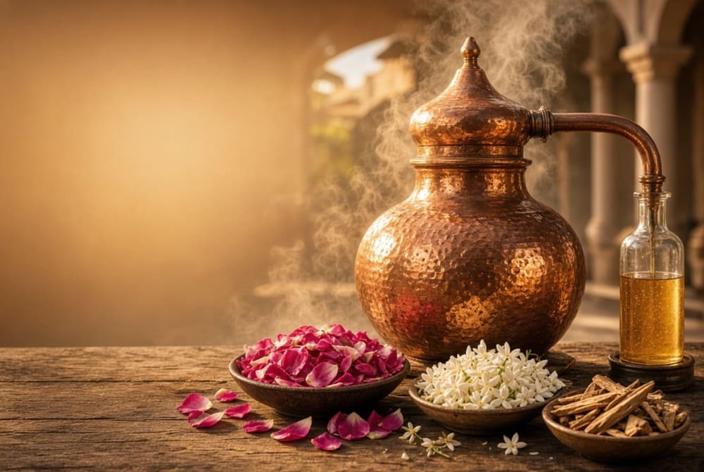 Traditional copper deg distillation of attar
