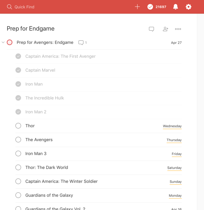 screenshot of list in Todoist