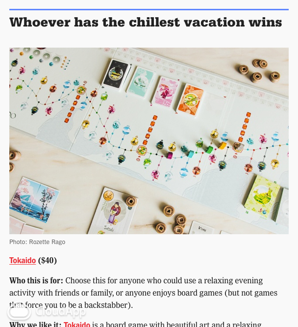 Whoever has the chillest vacation wins - Tokaido sits on a table