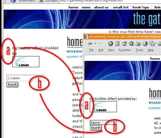 old screenshot from 2000 comparing a webpage in two old browsers - Netscape Navigator and Internet Explorer... versions unknown