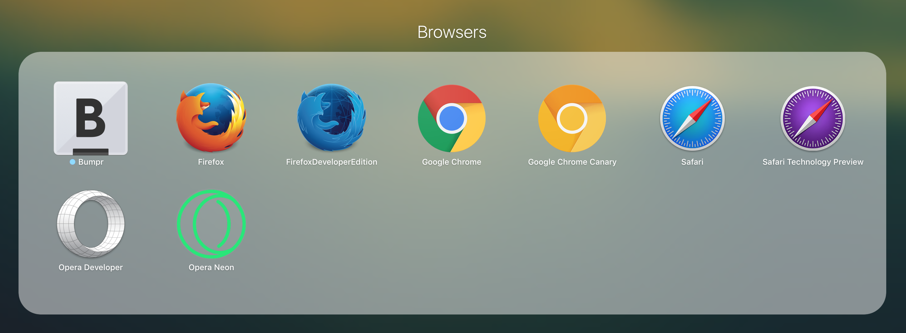 screenshot of several browser icons in a Launchpad folder on macOS