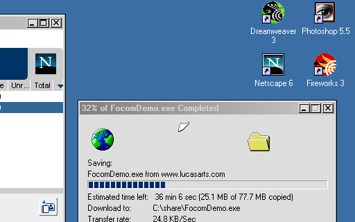 nostalgic screenshot of a windows desktop with shortcuts for Dreamweaver 3, Photoshop 5.5, Fireworks 3, and Netscape 6 in the background while the demo for Force Commander downloads over a ridiculously slow connection