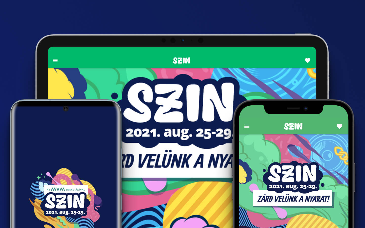 Festival map and splash screen of SZIN application on a Google Pixel and an iPhone