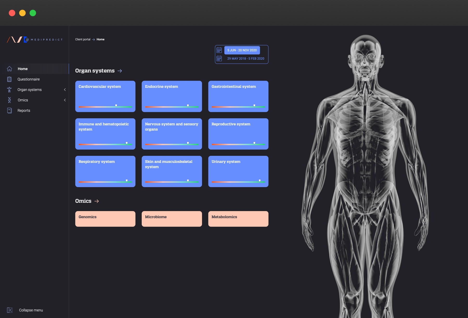 A screenshot of Medipredict's application where details of the body are shown