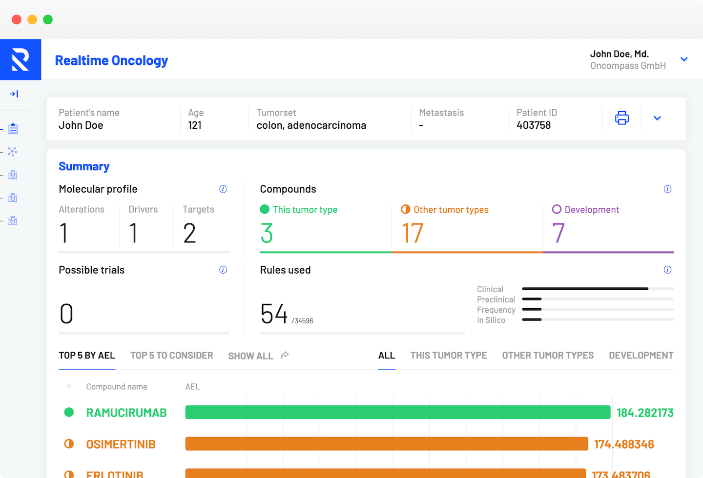 A screenshot of Genomate Health's Realtime Oncology Treatment Calculator software in a browser.