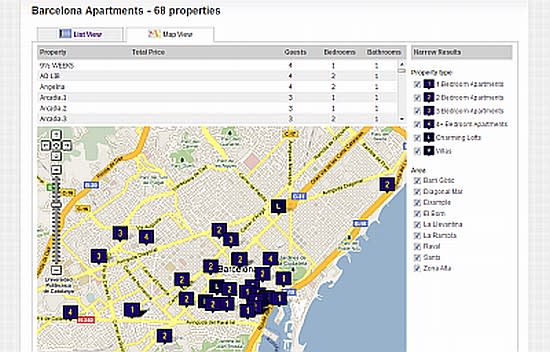 Map view of Barcelona rental apartments