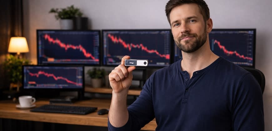 משקיע קריפטו אוחז ארנק קר, נוצר ע"י AI