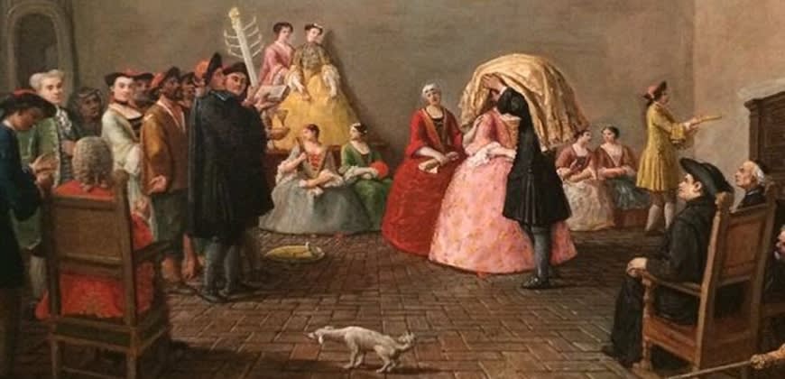 חתונה יהודית, ונציה, 1789 (ציור: מרקו מרקואלה)