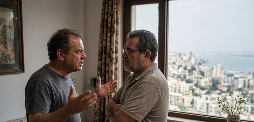 שני אחים מתווכחים בסלון דירה עם נוף לחיפה סכסוך אחים על דירה בחיפה (בעזרת AI)