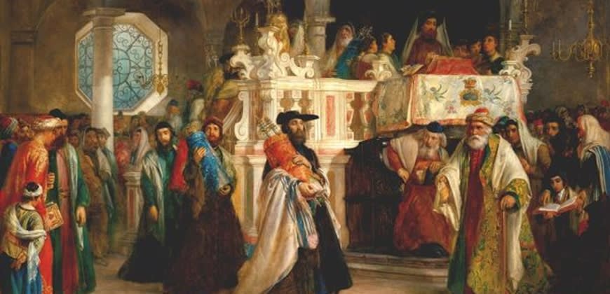 הקפות שמחה תורה בבית הכנסת בליבורנו, 1850 (ציור: סולומון הארט) הקפות שמחה תורה בבית הכנסת בליבורנו, 1850 (ציור: סולומון הארט)