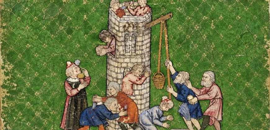 מגדל בבל בהגדת הזהב. ספרד, 1320 מגדל בבל בהגדת הזהב. ספרד, 1320