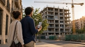 זוג צעיר בודק מודעות למכירת דירות מול אתר בנייה בעיר (בעזרת גרוק) זוג צעיר בודק מודעות למכירת דירות מול אתר בנייה בעיר (בעזרת גרוק)
