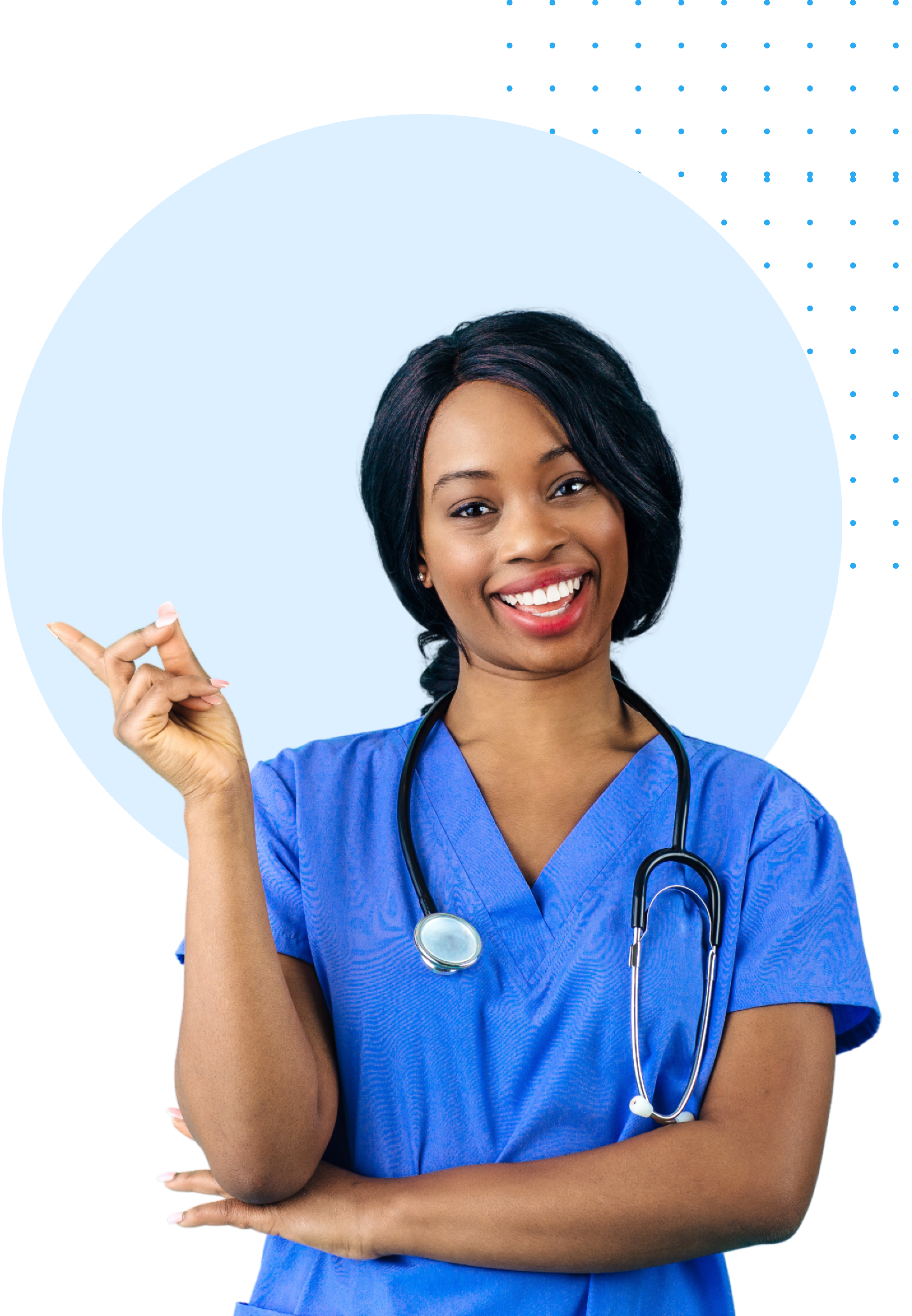 a nurse in blue smiling