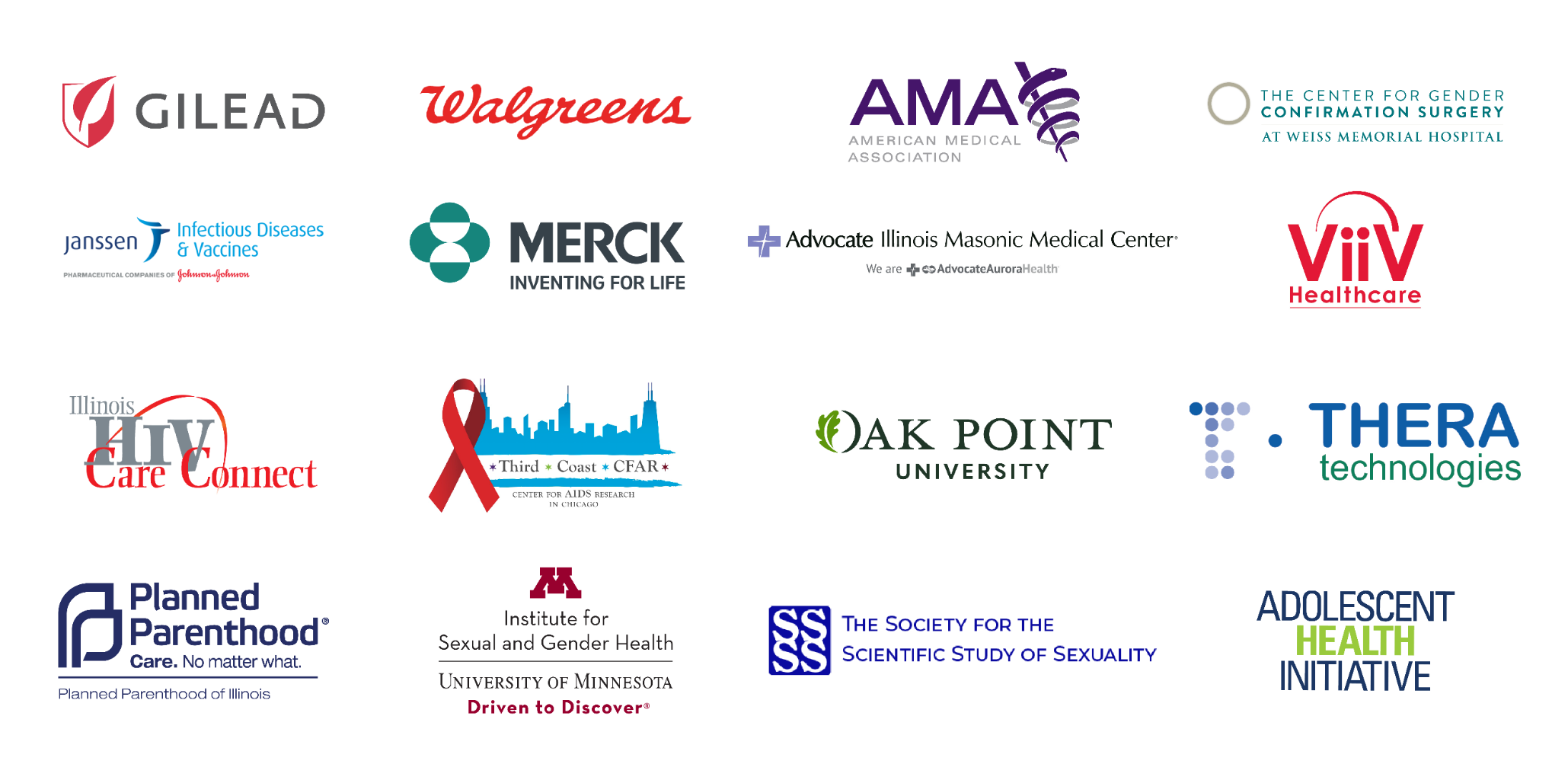 Stacked logos for Gilead, Walgreens, Weiss Memorial Hospital, HIV Care Connect, CFAR