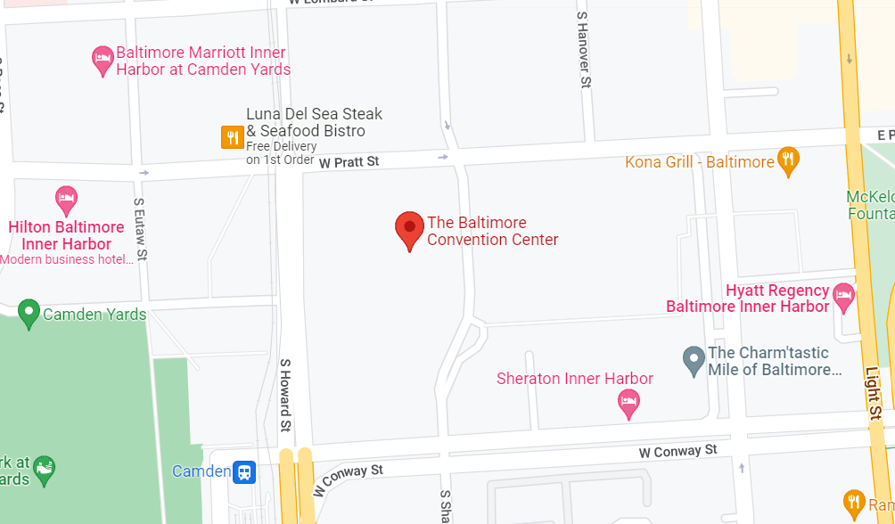 https://www.google.com/maps/place/The+Baltimore+Convention+Center/@39.2856597,-76.6201925,17z/data=!3m1!4b1!4m5!3m4!1s0x89c80360f5a421a9:0xd3299969b90b590d!8m2!3d39.2856597!4d-76.6180038