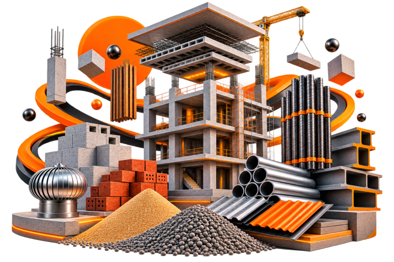 3D showcase of premium construction materials — cement, TMT bars and steel