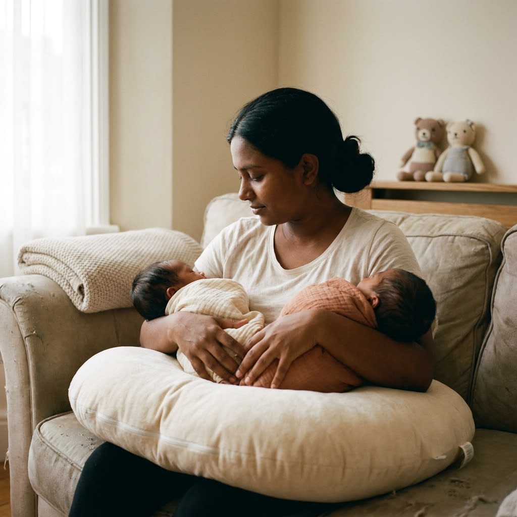 A clinical illustration demonstrating twin breastfeeding positions including Double Football Hold and Double Cradle Hold on a specialized nursing pillow