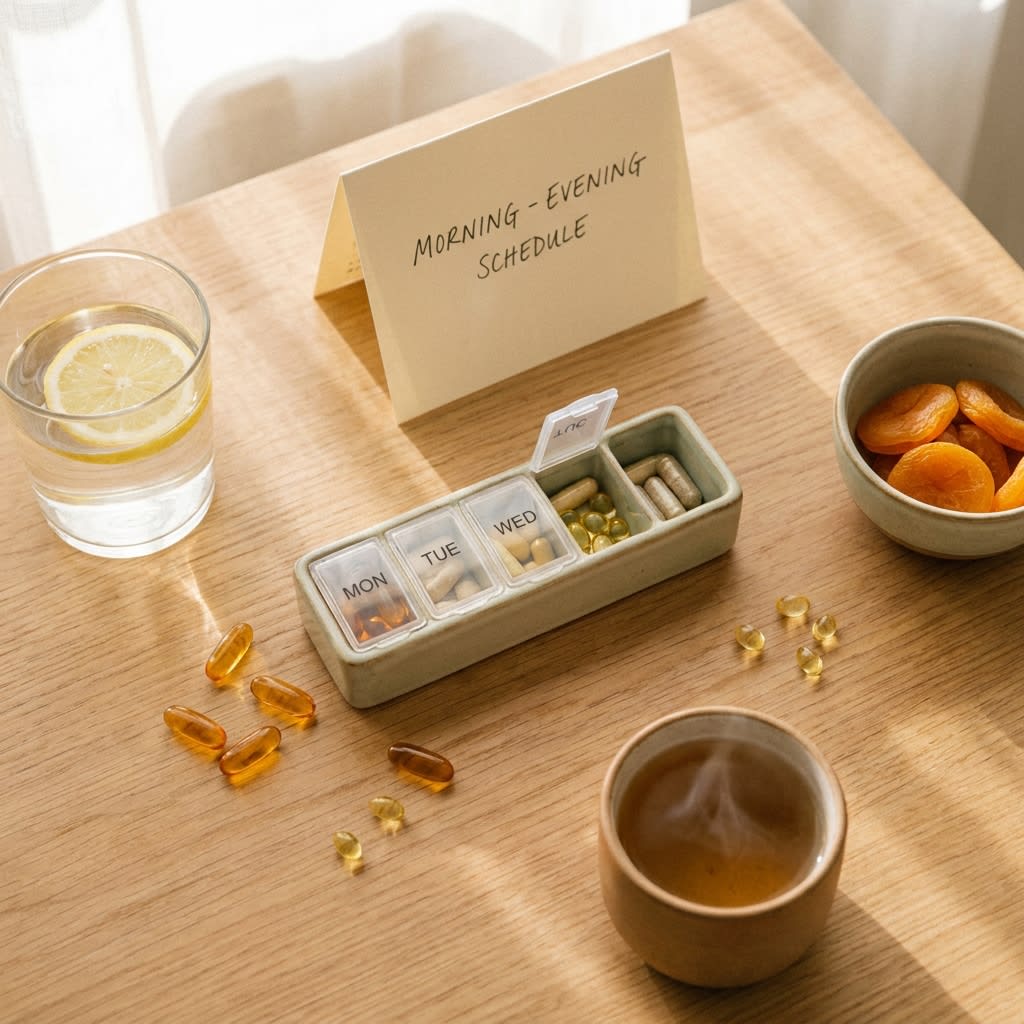 Preconception vitamins and supplements with fresh fruits and medical capsules on a clinical table