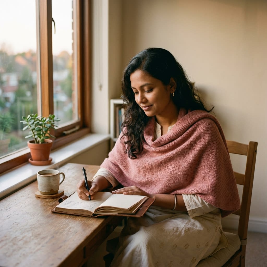 Woman journaling quietly near window embracing self-compassion during fertility journey