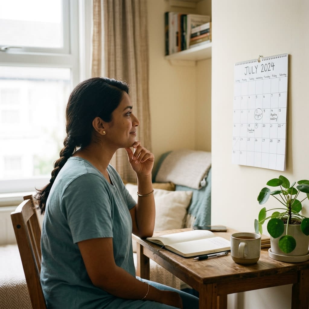 Thoughtful woman checking her calendar and health app for delayed period causes