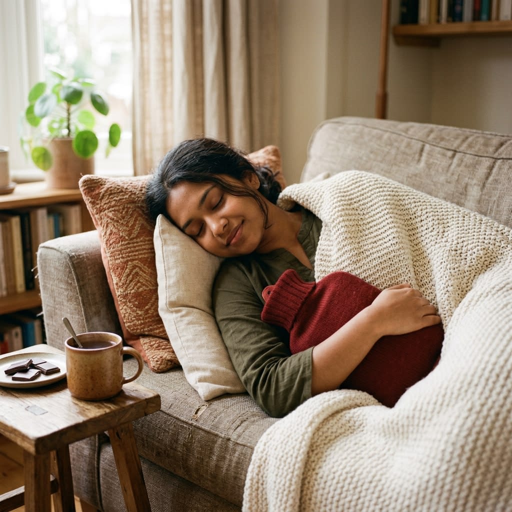 Woman holding a warm hot water compress cup of herbal tea relaxing peacefully during period