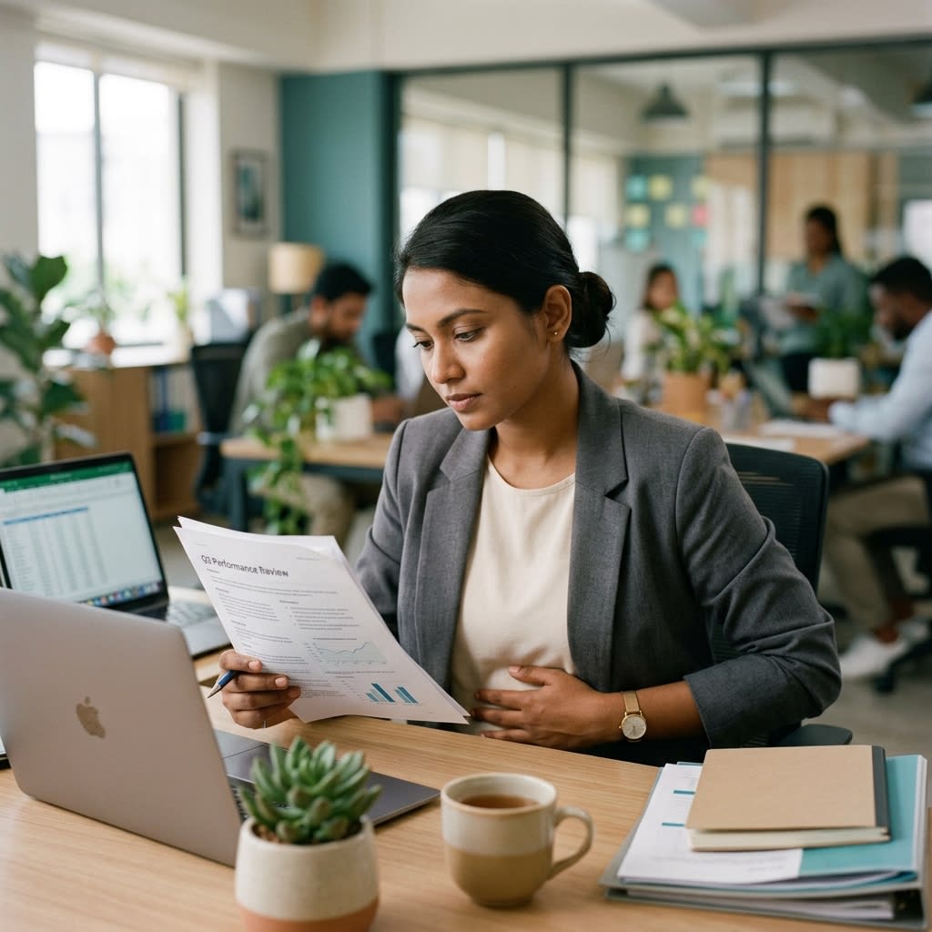 Professional woman sitting comfortably at office desk with warm herbal tea and ergonomic seating