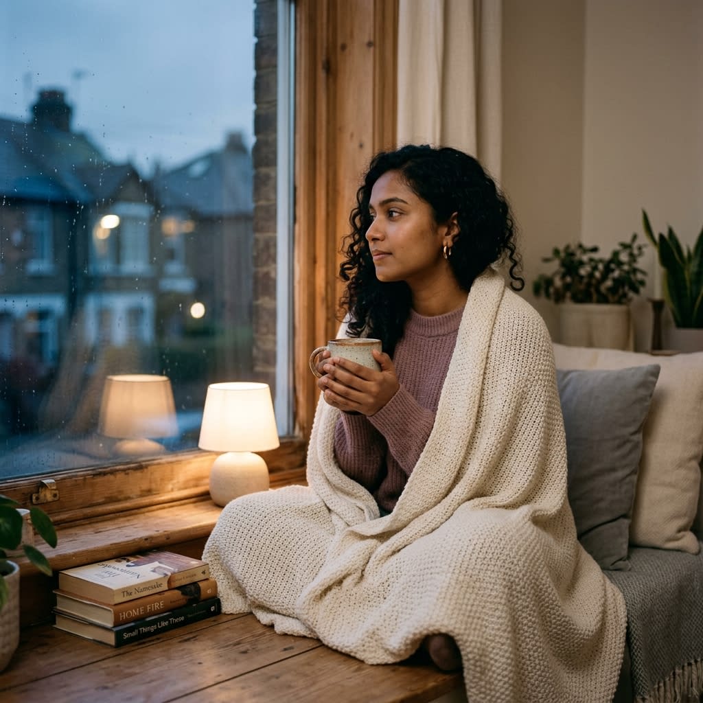 Woman journaling peacefully wrapped in a cozy blanket with warm herbal tea practicing PMS self-care