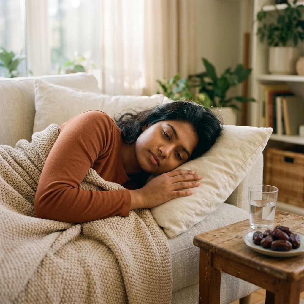 Woman drinking energizing fresh fruit smoothie with iron-rich dates and nuts during menstruation