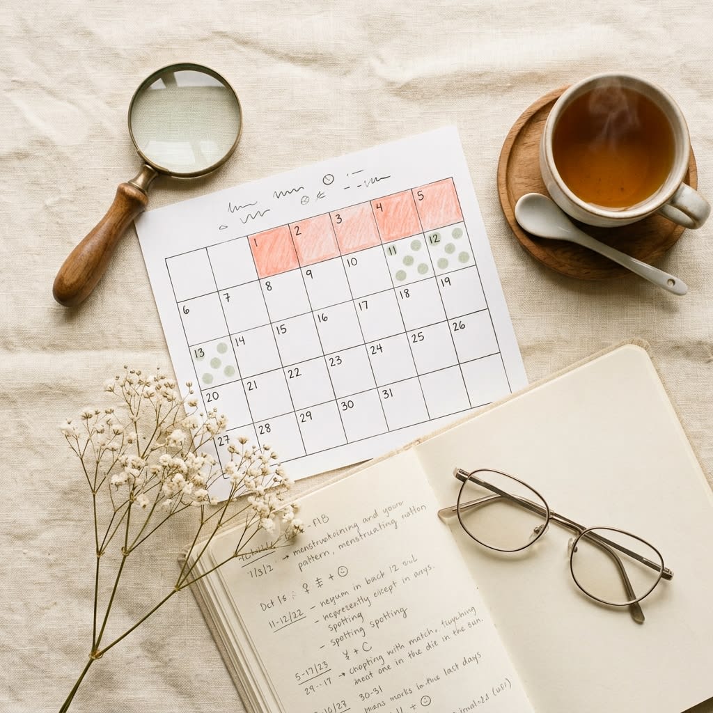 Diagnostic calendar comparing regular menstrual period flow dates with mid-cycle spotting occurrences