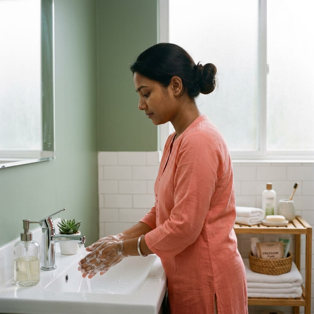 Clean eco-friendly menstrual care kit with gentle wash and cotton pads promoting hygiene
