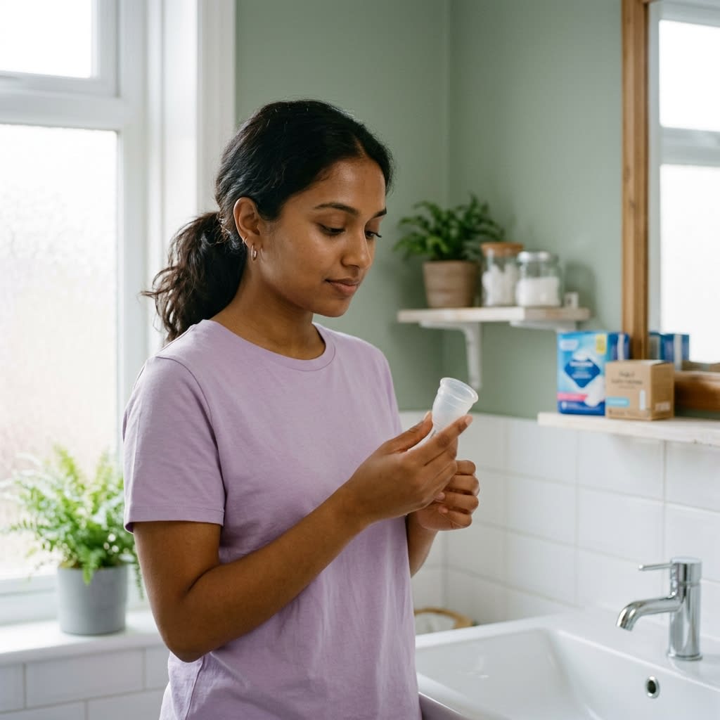 Comparative display of sanitary pad, tampon, and medical-grade menstrual cup on clean background