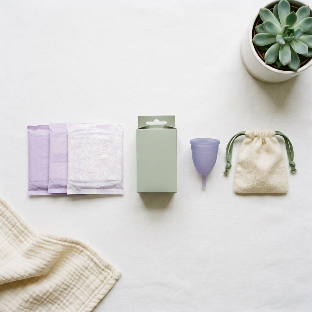 Neatly organized collection of diverse menstrual care options including organic pads, cloth pads, and cup