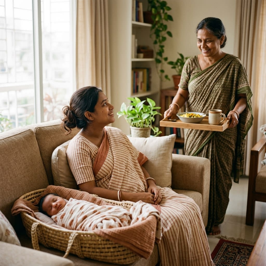 A loving grandmother and husband supporting a new mother with baby care in a warm home environment