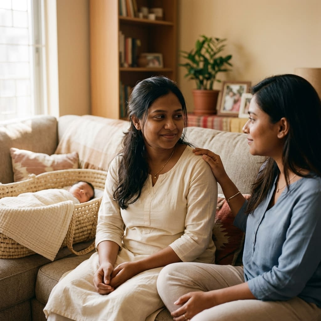 A compassionate mother sitting by a warm window holding her baby gently while reflecting on postpartum emotional wellness