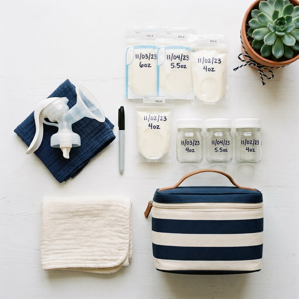 A mother safely labeling and dating sterilized breast milk storage bags for freezer storage