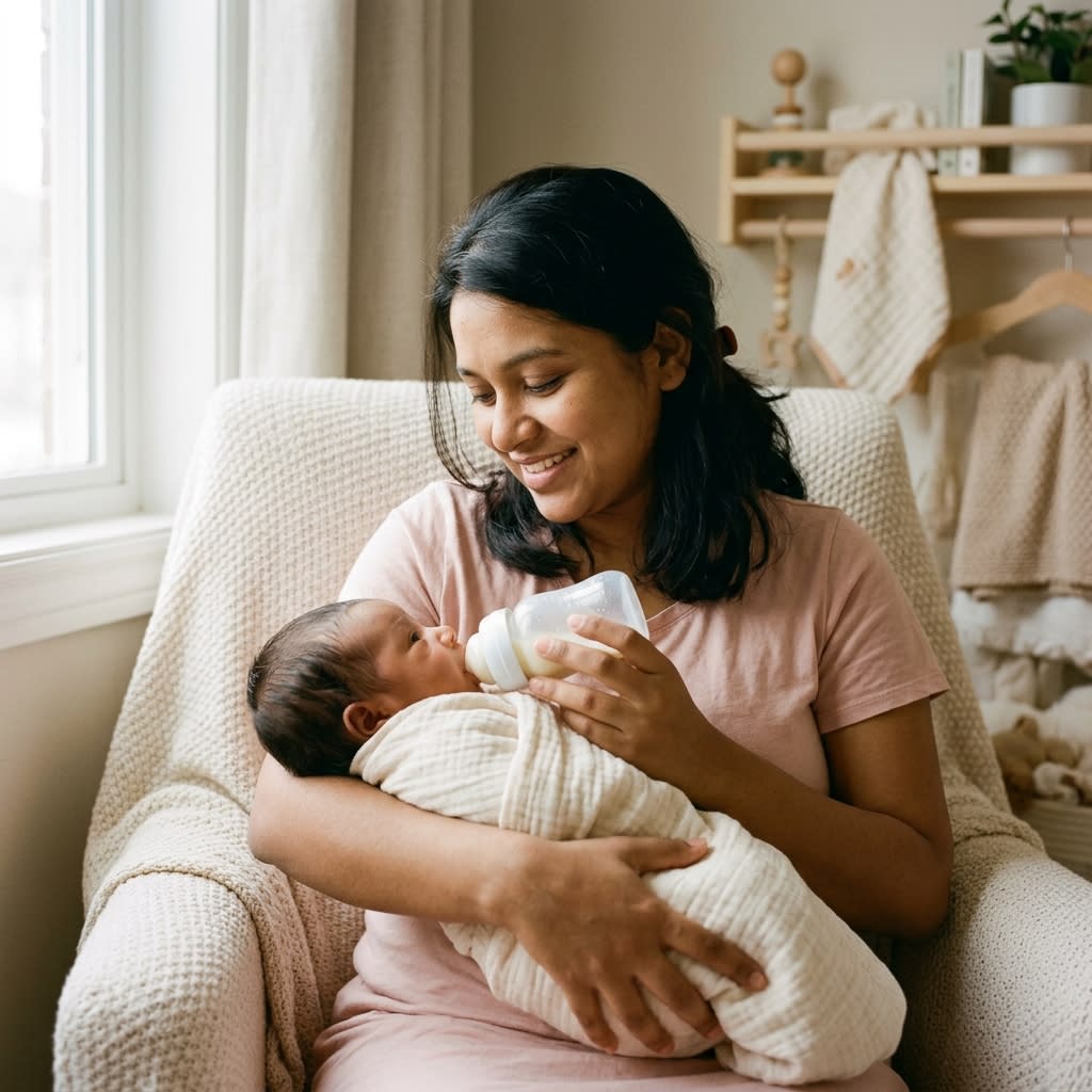 A mother practicing paced bottle feeding holding her infant in a semi-upright position with close eye contact