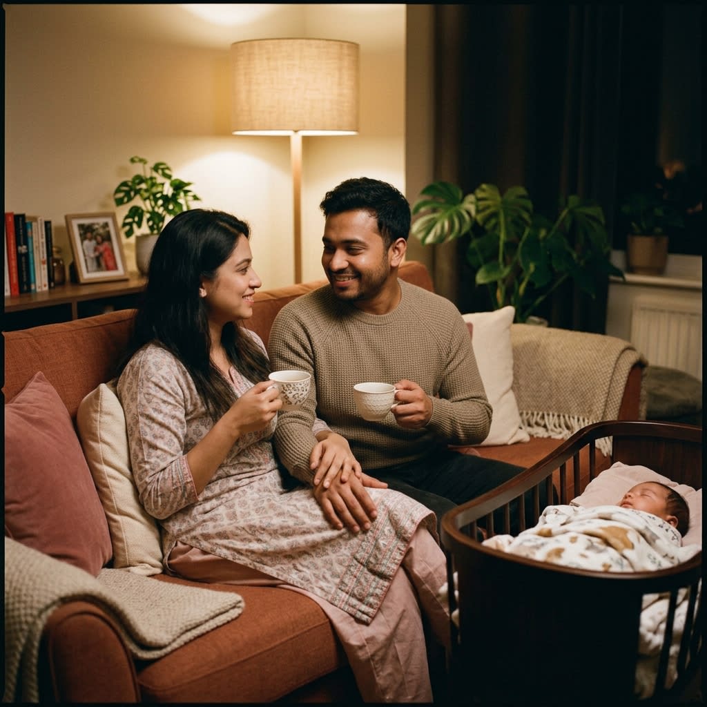 A loving couple enjoying a quiet cup of tea together on a cozy balcony after baby falls asleep