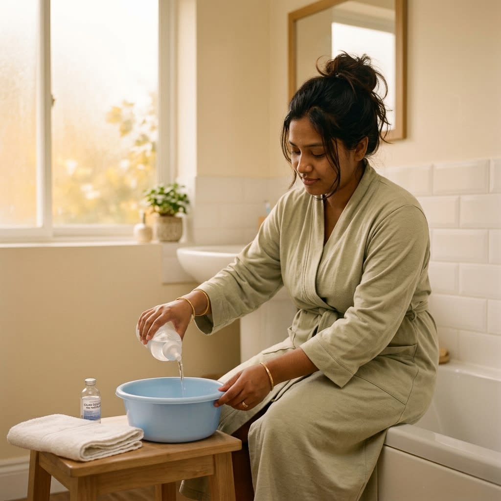 A postpartum woman resting comfortably following clinical wound care and hygiene protocols