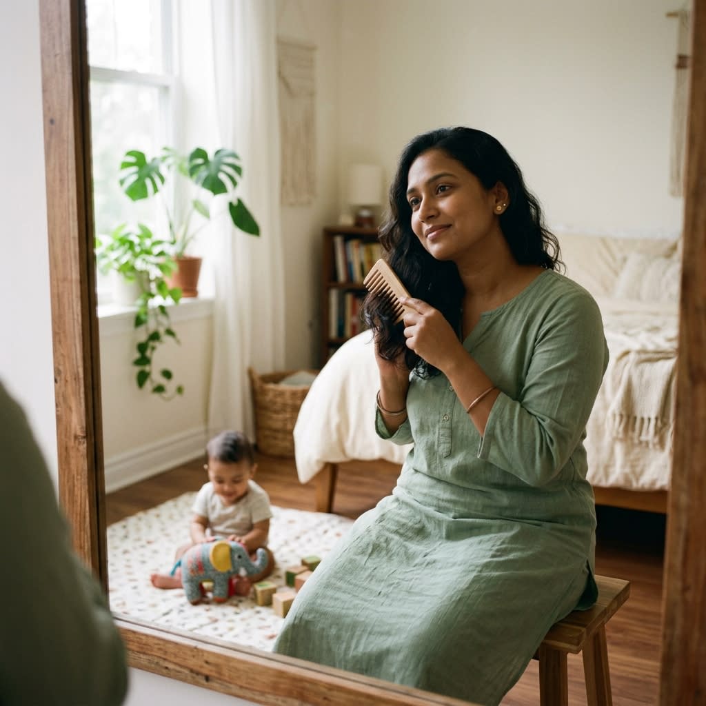 A postpartum mother gently brushing her hair in front of a mirror with reassurance