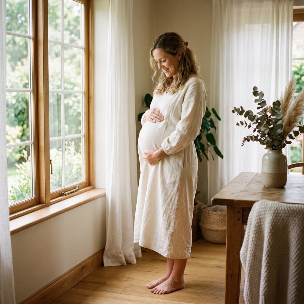 Pregnant woman checking off early pregnancy checklist with vitamins and water