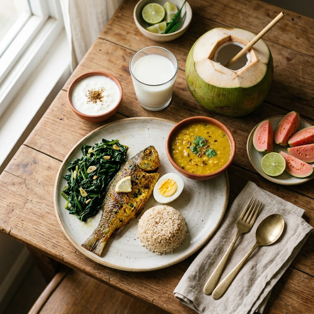 Healthy balanced meal plate with local fish, lentils, leafy greens, boiled egg, and fresh fruits