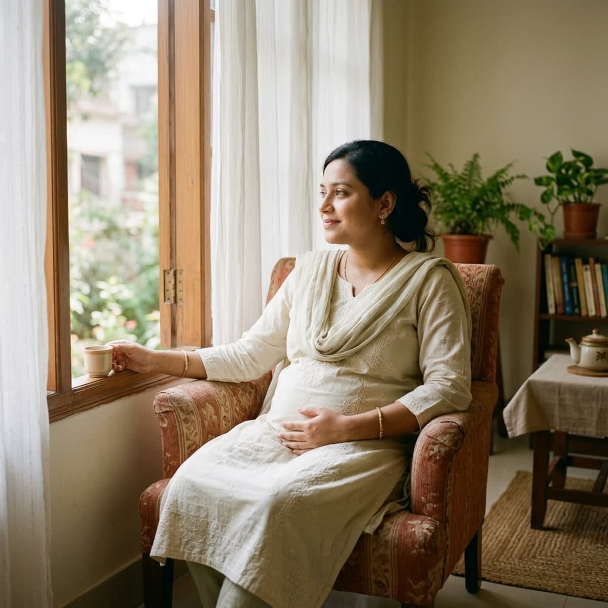 Expecting mother gently holding her belly looking forward with hope during a rainbow pregnancy
