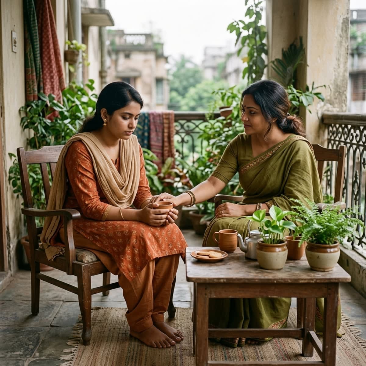 Two caring women sitting together holding hands offering empathy and emotional comfort after pregnancy loss