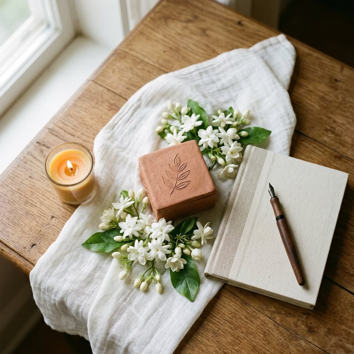 Delicate seedling growing in rich soil alongside a personal memorial keepsake box
