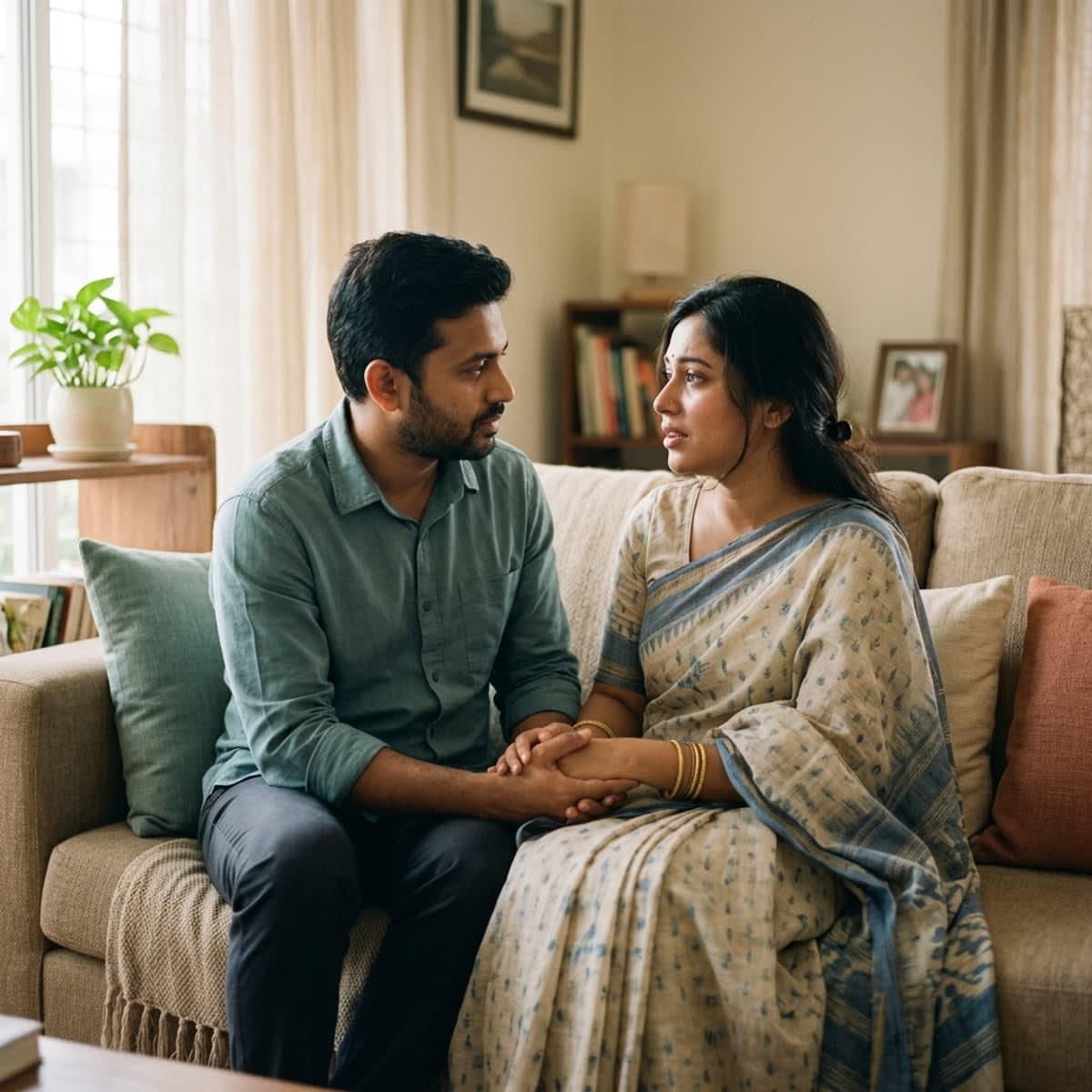 Couple sitting closely on a couch having an open, loving conversation holding hands after loss