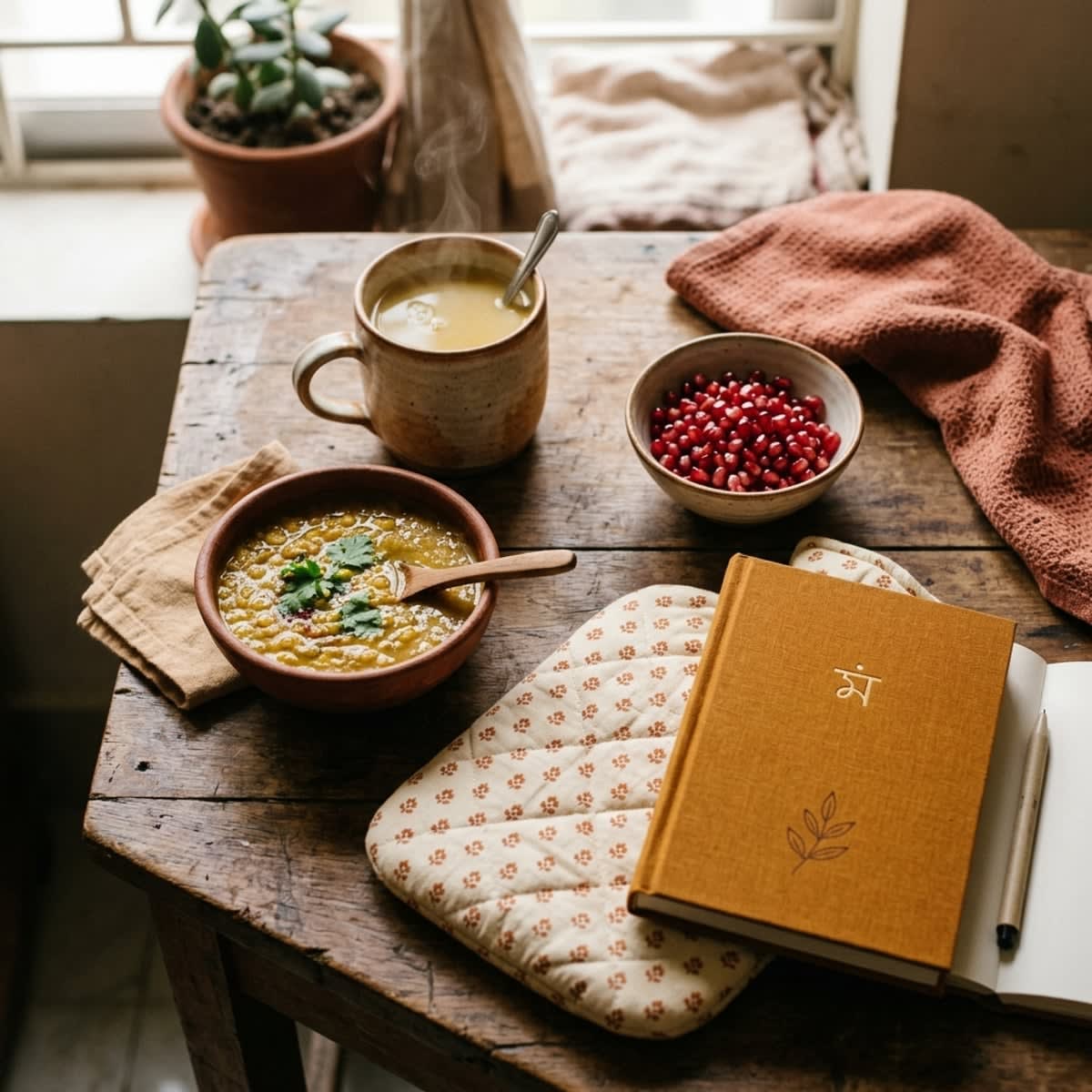 Woman resting comfortably wrapped in a soft shawl sipping herbal tea during postpartum and miscarriage recovery